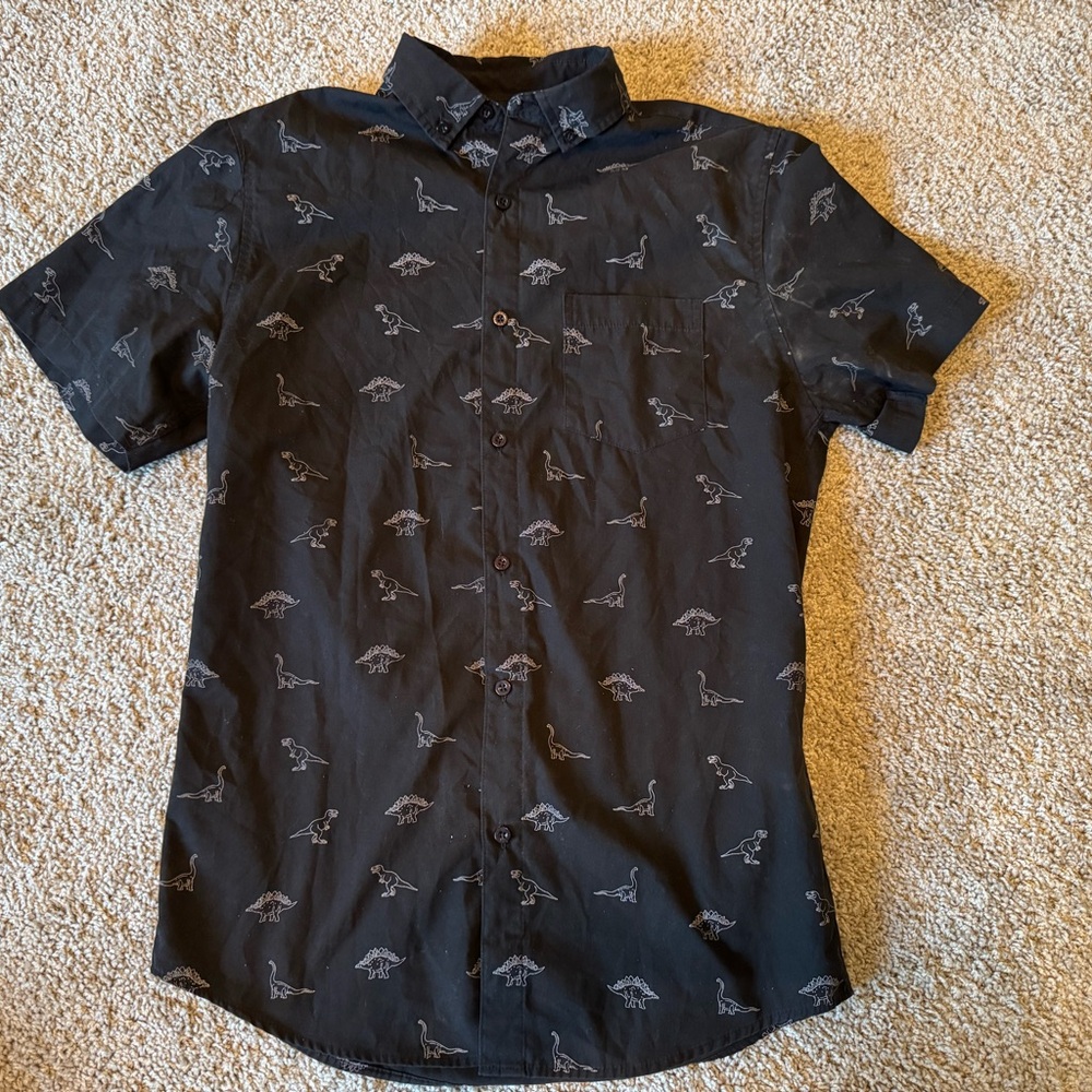 Black Short-Sleeve Button-Down Shirt with Dino Print